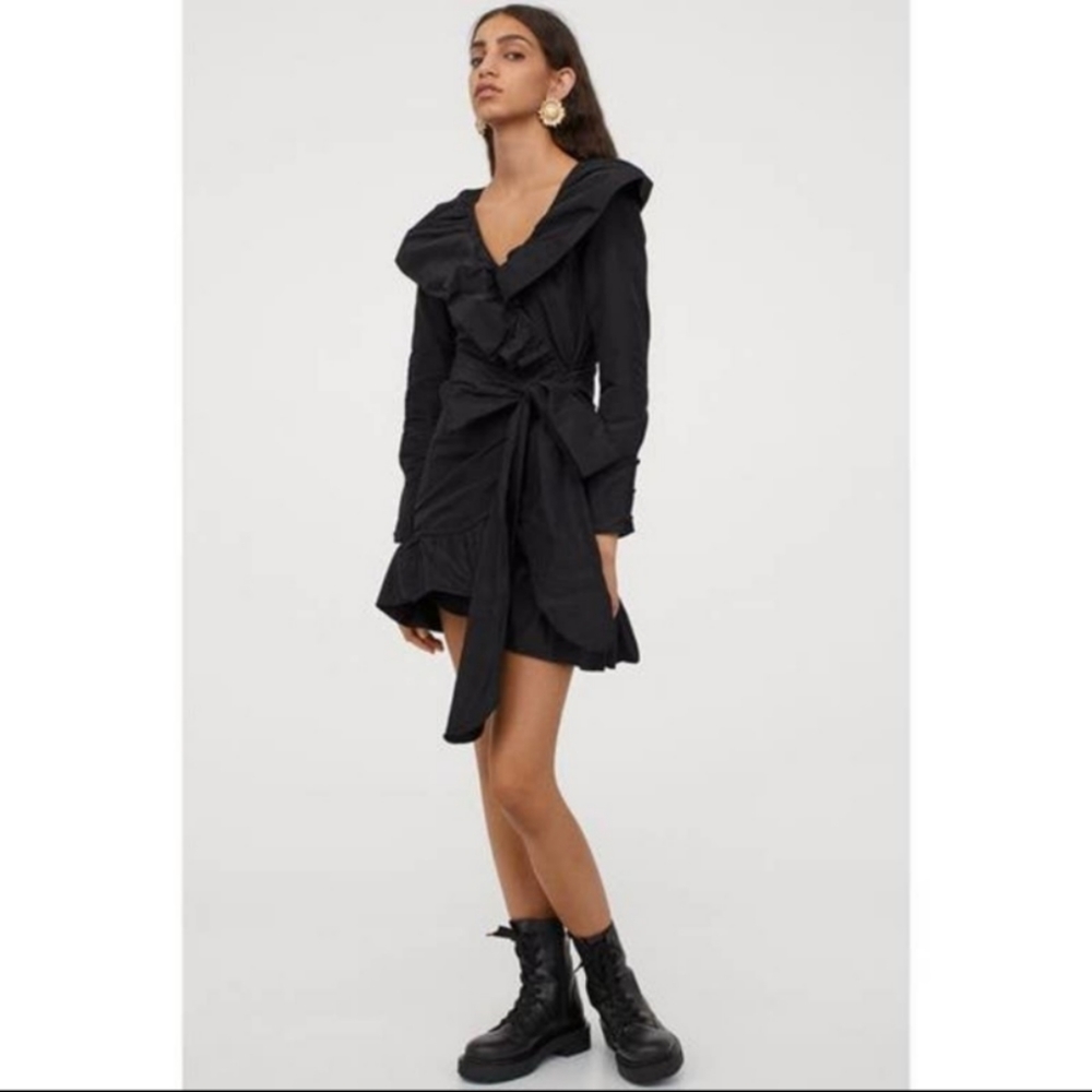 Sandra Mansour H&M Black Ruffled Dress Wrap Bow Small